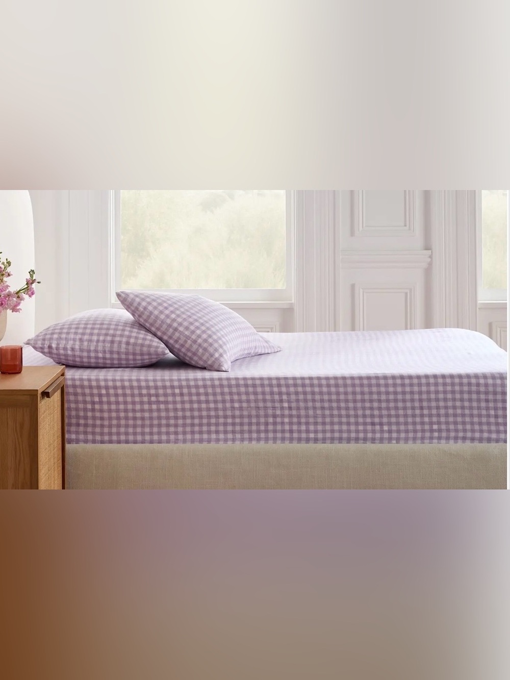 NWOT Quince European Linen Gingham 3 Pc Fitted Sheet Set, Queen (Lavender)